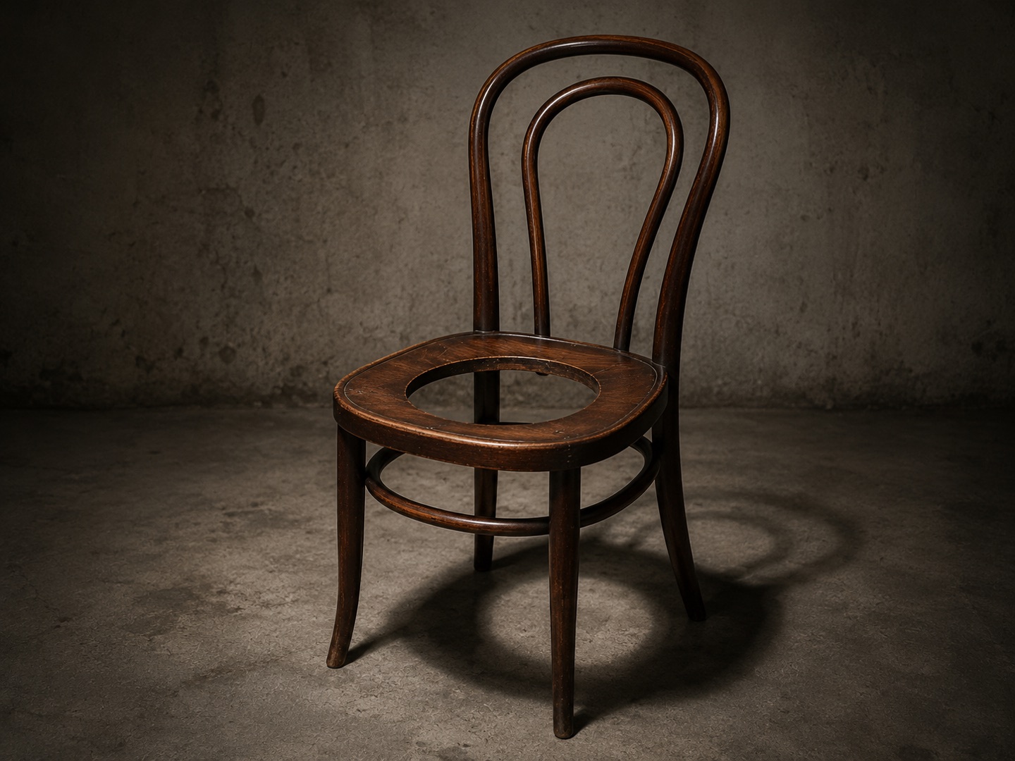 昏暗水泥房間裡一張深褐色 Thonet 曲木椅,座面中央是一個鏤空的圓洞