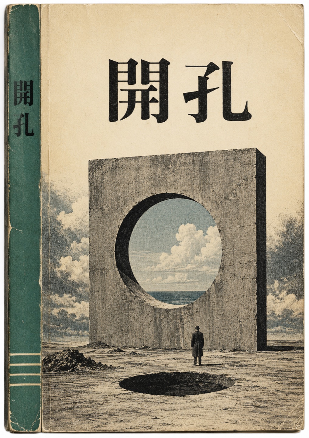 復古書封風格的封面,一個戴帽穿大衣的人站在鑿了圓孔的混凝土巨牆前,圓孔中透出藍天與雲海,牆前地面有一個黑色坑洞